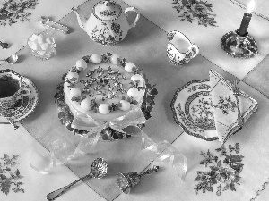 tea, cake, teapot, knife, sugar, Napkins, Candles, cup, Spoons