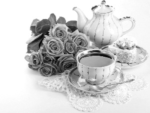 tea, china, rouge, cake, bouquet