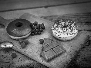 chocolate, donuts, board, teaspoon, Fruits, Donuts