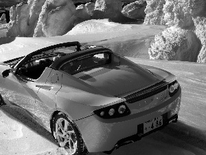 snow, Orange, Tesla Roadster Sport