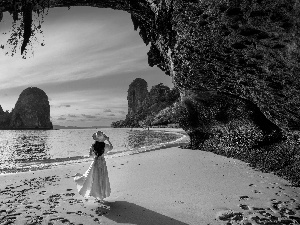 dress, Hat, rocks, White, Women, Railay Beach, Thailand