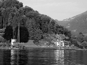 forest, Lombardy, By the lake, Como, Houses, Mountains