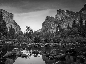 Stones, Sky, viewes, California, grass, Mountains, trees, The United States, Yosemite National Park, Merced River