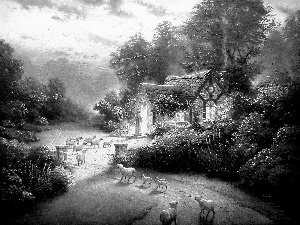 house, sheep, Thomas Kinkade, Way