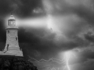 Lighthouse, Storm, thunderbolt, maritime