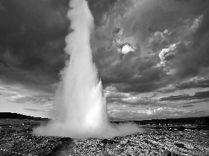 dark, geyser, Tourists, clouds