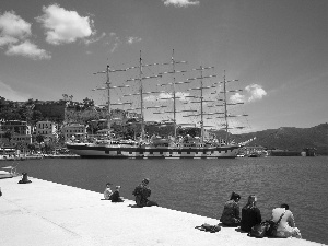 sea, coast, Tourists, sailing vessel