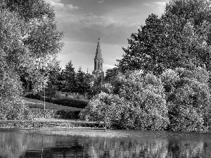 tower, Church, lake, Platform, Park