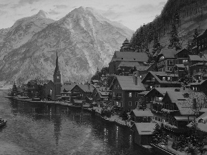 Alps, winter, buildings, lake, picture, Eugeny Lushpin, Austria, painting, Hallstatt