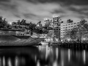 aircraft carrier, coast, Town, sea