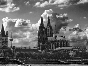 Town, clouds, Cologne, Church, Germany