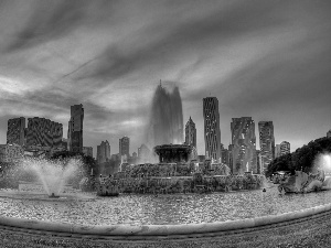 town, Dusk, skyscrapers, panorama, Fountains