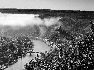 Town, Germany, clouds, River, Mountains