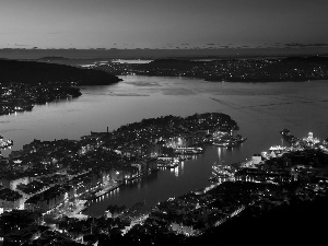 Town, Gulf, Night, panorama, Bergen