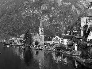 woods, Hallstatt, Houses, viewes, Church, Austria, Town, Hallstattersee Lake, trees, Mountains