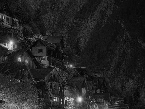 Town Hallstatt, Mountains, Night, Salzburg Slate Alps, Austria, light, Houses