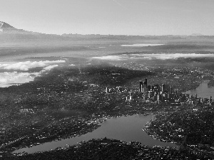 mountains, clouds, Seattle, Town, The United States