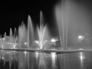 Town, Night, Fountains, lanterns, color