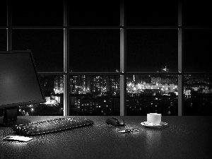 Town, Night, desk, laptop, interior