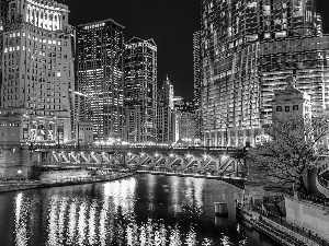 town, Night, bridge, panorama, River