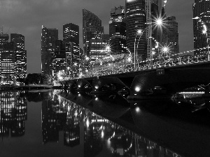 skyscrapers, River, Town, night, Kuala Lumpur, bridge