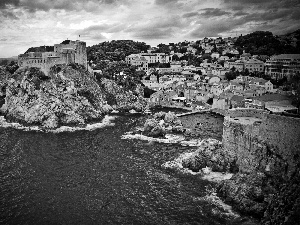 sea, Coast, Town, rocks