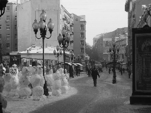 Street, snowmen, Town, lanterns
