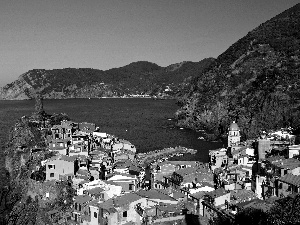 sea, panorama, towns, Mountains