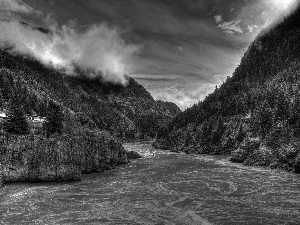 River, woods, Train, Mountains