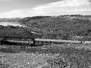 lake, medows, Train, The Hills