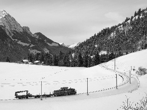 Train, winter, woods, colony, Mountains