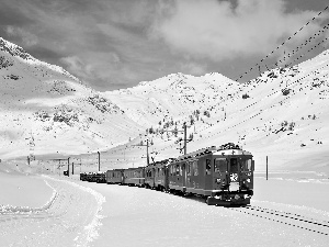 winter, Red, Train, Mountains