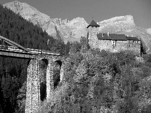 Train, woods, Mountains, bridge, Castle