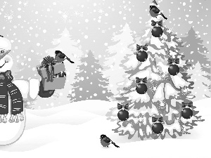 baubles, winter, Santa, christmas tree, 2D Graphics, Snowman, birds