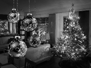 christmas tree, baubles, Sofa, wine glass, Room