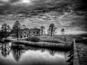 lake, house, viewes, Island, abandoned, trees, bridges