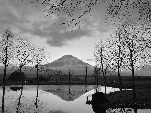 trees, viewes, Japan, clouds, Fog, Houses, Pond - car, Fuji