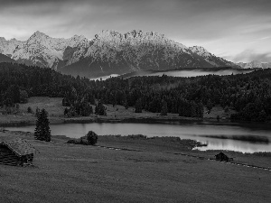 clouds, Geroldsee Lake, trees, Bavaria, viewes, Karwendel Mountains, woods, Germany, Krun City, Houses