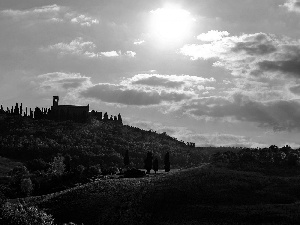 house, trees, morning, viewes, sun, Tuscany, Italy, clouds