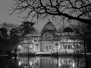 light, palace, viewes, Madrid, trees, Pond - car