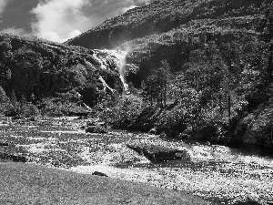 trees, viewes, The Hills, River, rocks