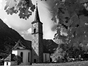 trees, viewes, Mountains, church, Bavaria