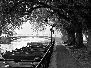 canal, France, trees, viewes, bridge, boats