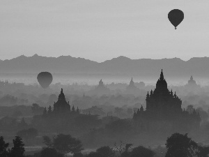 trees, viewes, Fog, Balloons, buildings