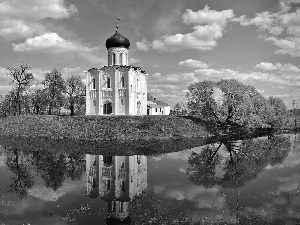 trees, viewes, water, clouds, Cerkiew