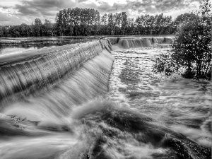 ligh, waterfall, viewes, flash, clouds, River, trees, luminosity, sun, Przebijające