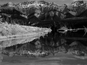 reflection, rocks, trees, viewes, color, lake