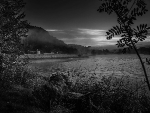 lake, west, trees, viewes, Fog, sun