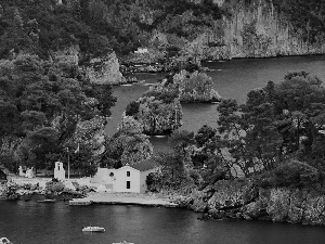 rocks, chapel, trees, viewes, lake, Mountains