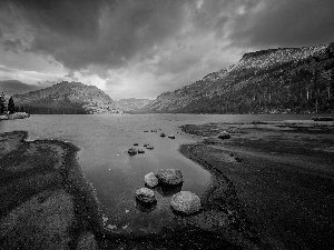 trees, viewes, Mountains, Stones, lake